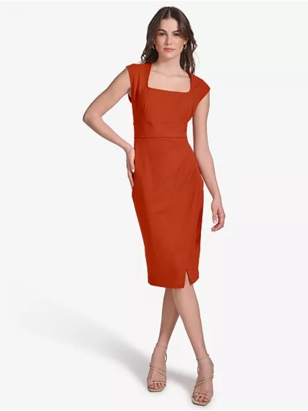 Calvin Klein Cap Sleeve Midi Sheath Dress in Black.